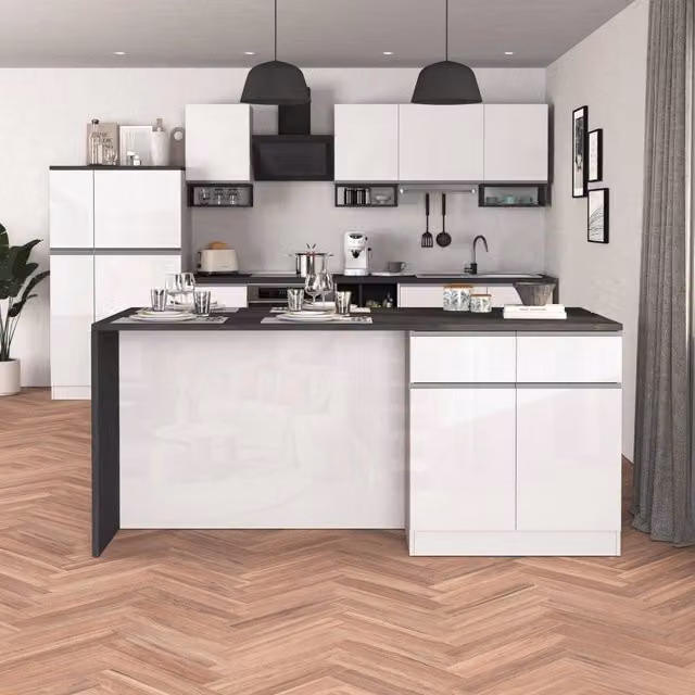 WHOUS Isola da cucina Sole a 4 ante e 4 cassetti bianco lucido e report 200x90x90 cm