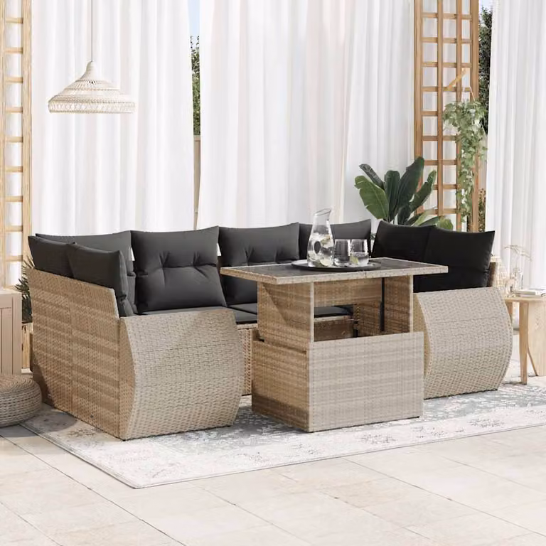 Set Divani da Giardino vidaXL 7 Pezzi a Forma di U con Cuscini Grigio Chiaro e Tavolino in Polyrattan e Acciaio