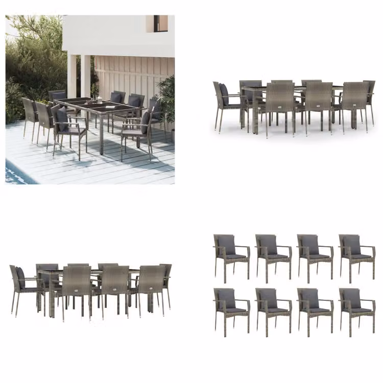 vidaXL Set da pranzo da giardino 9 pezzi con cuscini in poly rattan grigio - Set da pranzo da giardino - Set da pranzo da giardino - Set da pranzo da terrazza