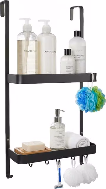 Mensola da Bagno AppendiDoccia Avilia Home in Metallo Nero con 2 Ripiani e Ganci L: 35,5 cm, P: 21,5 cm, H: 73,0 cm
