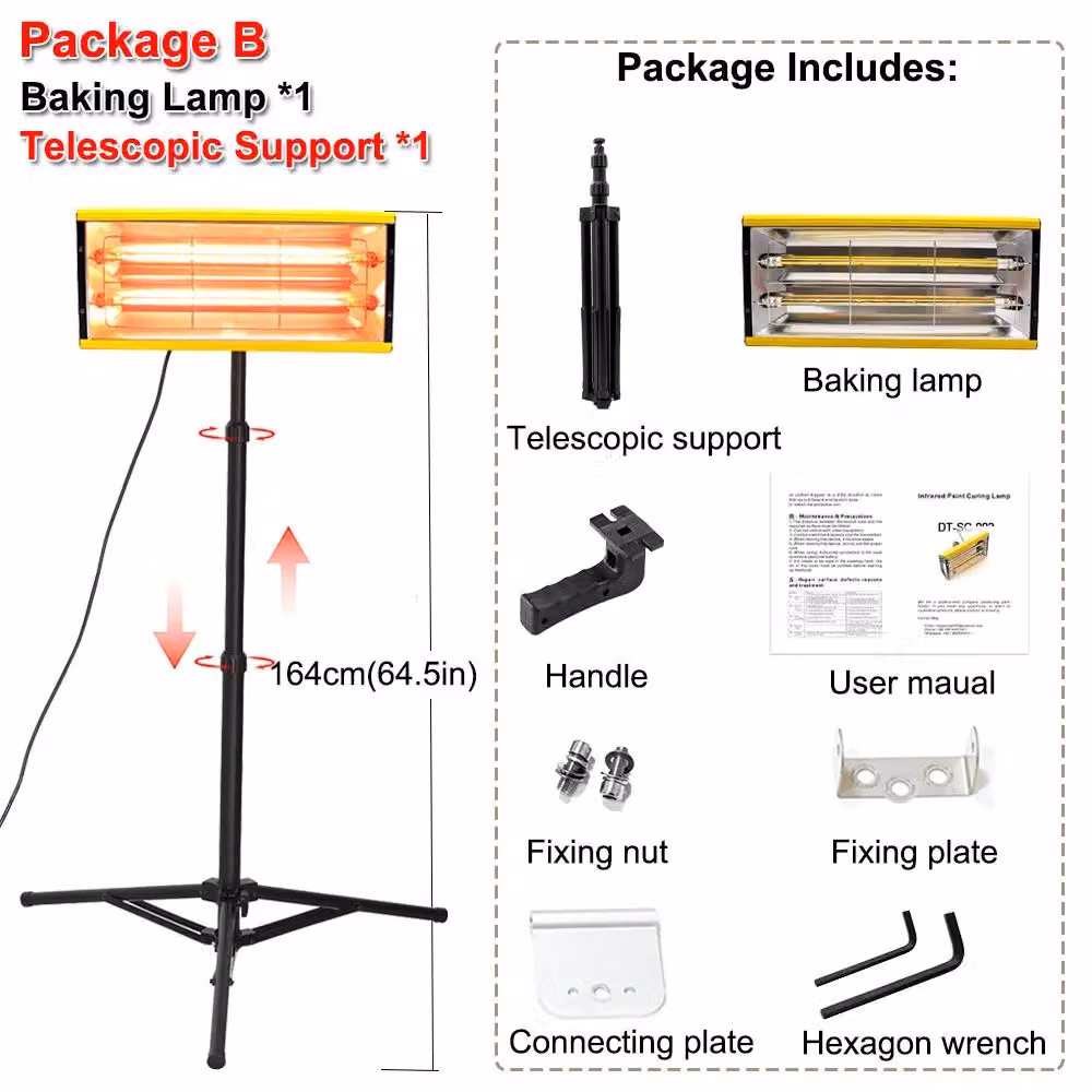 Essiccatore a infrarossi per vernici - Lampada di essiccazione a onde corte da 2000W per verniciature automobilistiche - Area di copertura: 35x40 cm - Lampada alogena - Treppiede con altezza regolabile - 110/220V