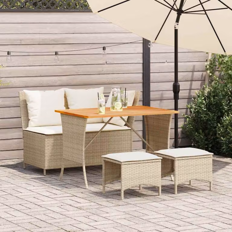 Set da pranzo da giardino vidaXL in polyrattan e legno di acacia con 4 cuscini beige e bianchi