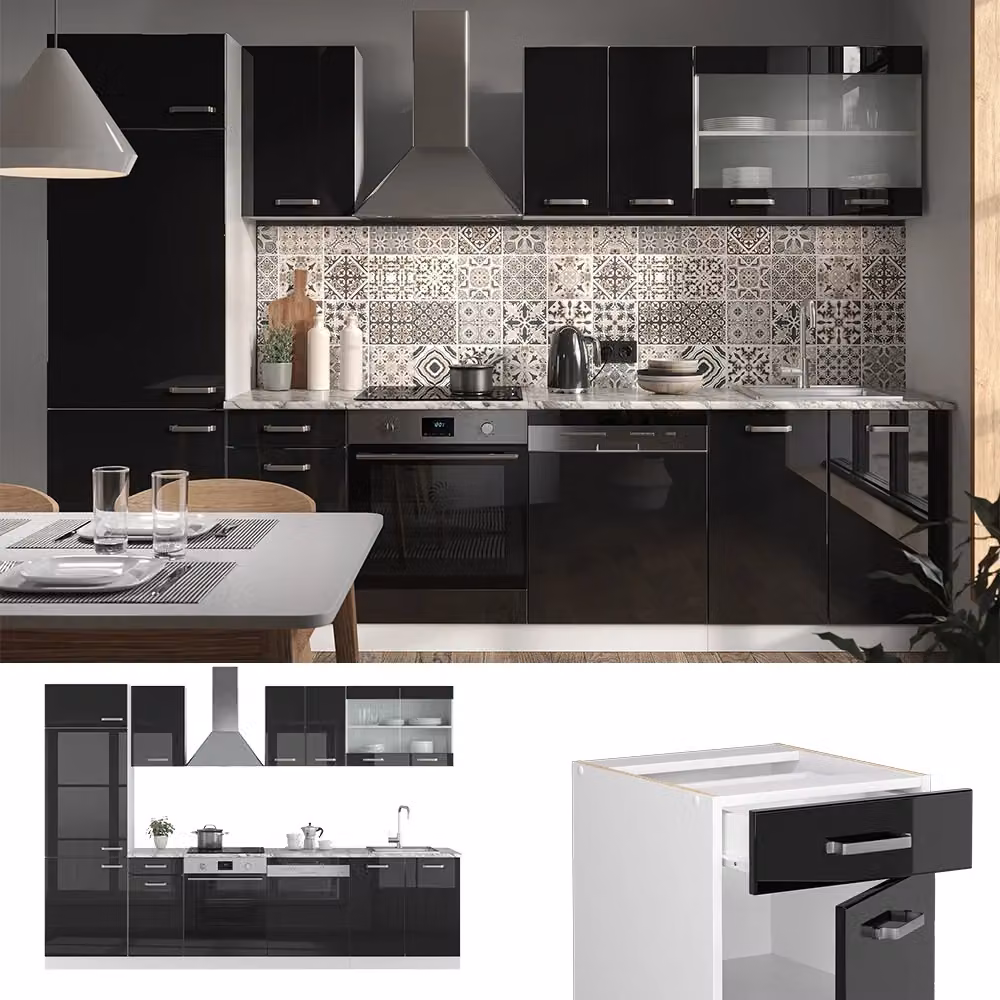 Cucina componibile moderna Vicco R-Line Nero lucido e Bianco, L: 300 cm, H: 186,3 cm, P: 60 cm – 2