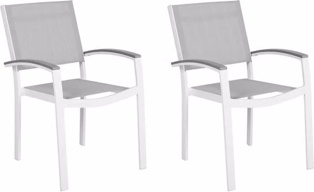 Set di 2 sedie da giardino Beliani in alluminio verniciato grigio e bianco con seduta in textilene impilabili e con braccioli