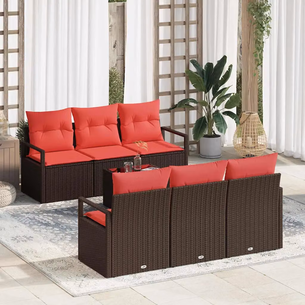 Set Divano da Giardino vidaXL 7 Pezzi con Tavolino e Pouf, Design a L, Colori Beige e Rosso