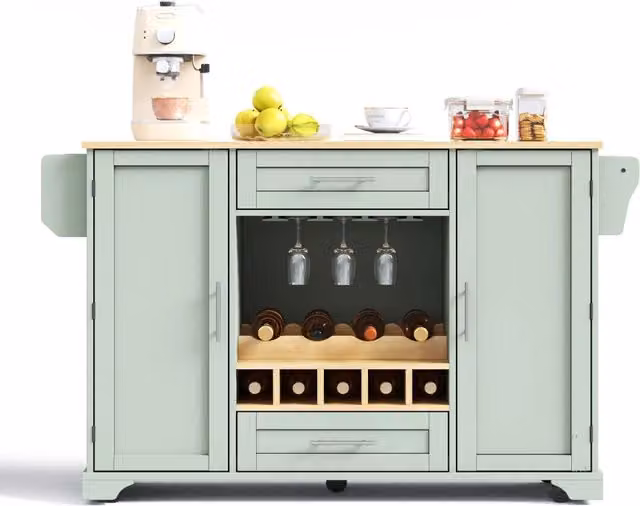 Carrello da cucina con piano di lavoro pieghevole; 138 x 45/70 x 92 cm; in MDF verde antico con portabottiglie e ruote