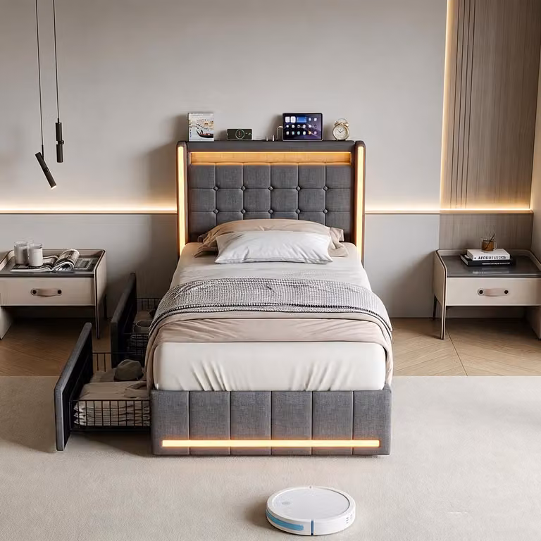 Letto a molle con contenitore INONEFT, 90x200 cm, con 2 cassetti, illuminazione LED e porta USB-C – Letto per ragazzi, letto imbottito a una piazza con rete a molle, letto multifunzionale, struttura letto, tessuto in lino, colore grigio