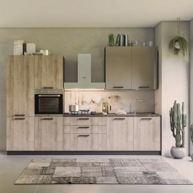 Cucina Veriaffari Durazzo Glam con lavastoviglie, larghezza: 330 cm, rovere rustico e tortora lucido