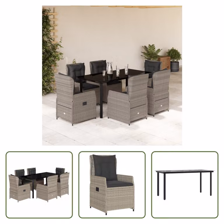 The Living Store Set da pranzo da giardino 7 pezzi con cuscini in poly rattan grigio chiaro