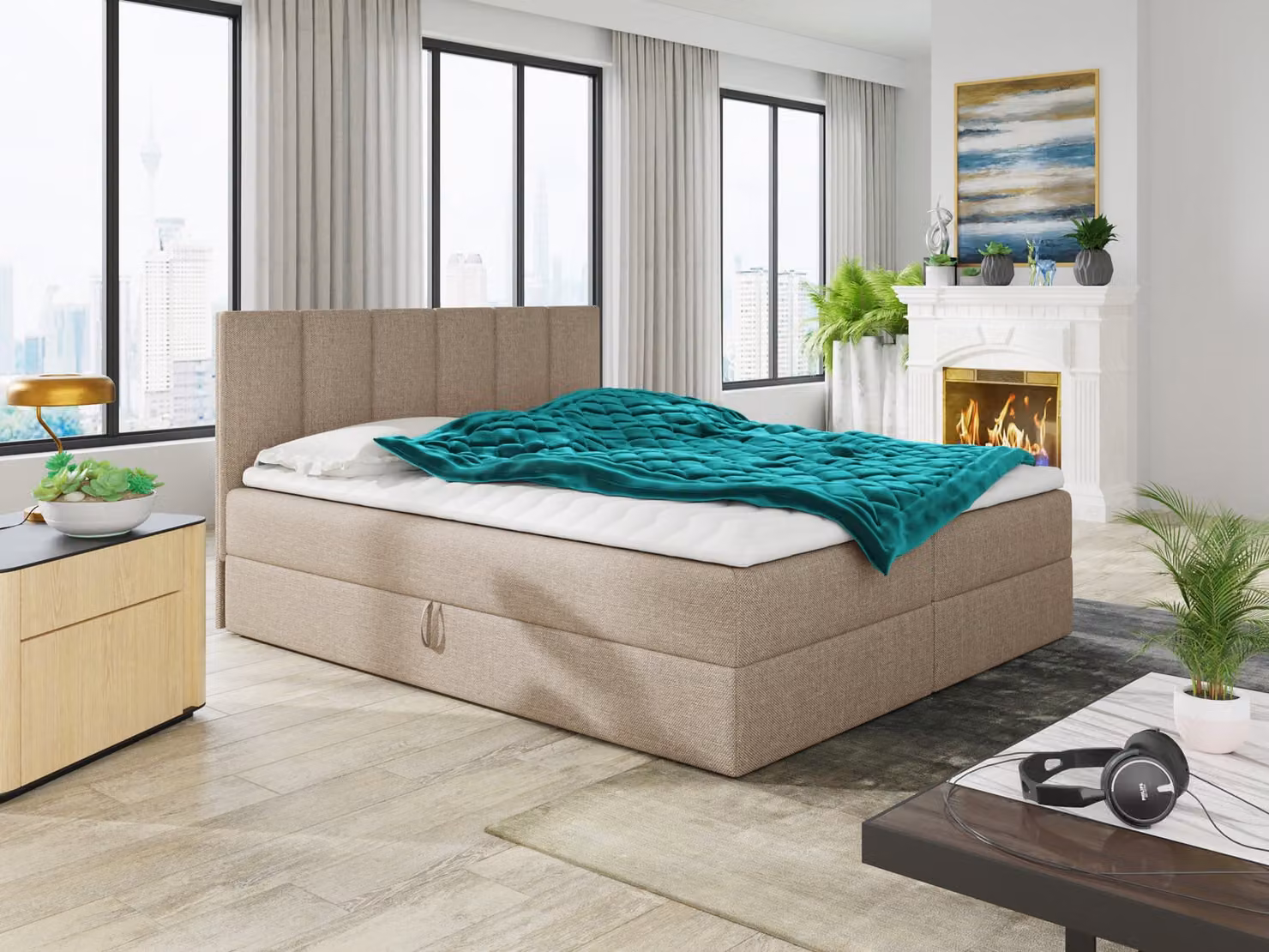 Letto boxspring Star con topper, materasso Bonell e 2 cassetti, letto matrimoniale, letto imbottito, letto (beige (Inari 22), 180 x 200 cm)
