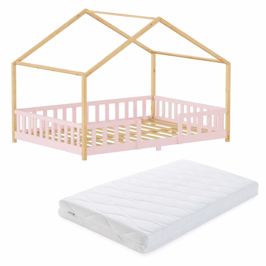 Letto per cameretta Treviolo a forma di casetta in stile Montessori con materasso en.casa, colore rosa e beige, L/P/H: 120 x 200 x 138 cm – 2