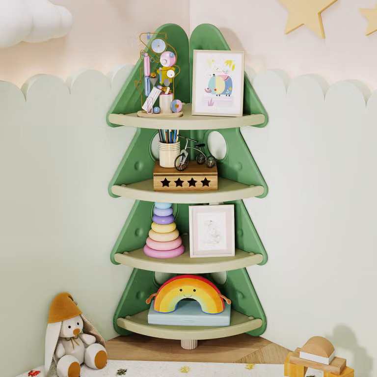 Scaffale angolare per bambini Costway a forma di albero di Natale verde con 4 ripiani in MDF per camera dei bambini e asilo