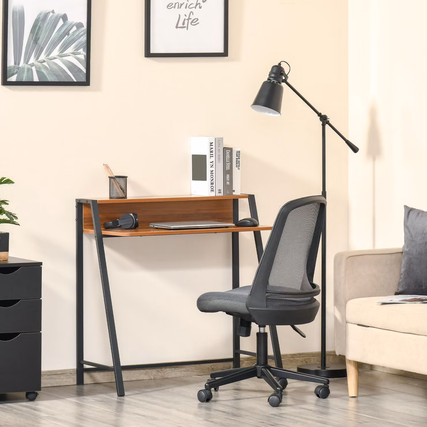 scrivania per computer okwish con gestione dei cavi, scrivania con struttura in metallo, scrivania con ripiani e piano in MDF, noce