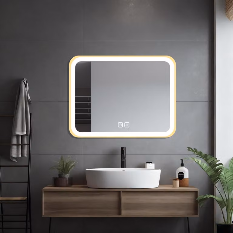 Specchio per il trucco illuminato, 50x70 cm, con 3 modalità di regolazione dell'intensità luminosa e sistema antiappannamento, specchio LED per il trucco, da posizionare su un tavolo o da montare a parete, colore oro