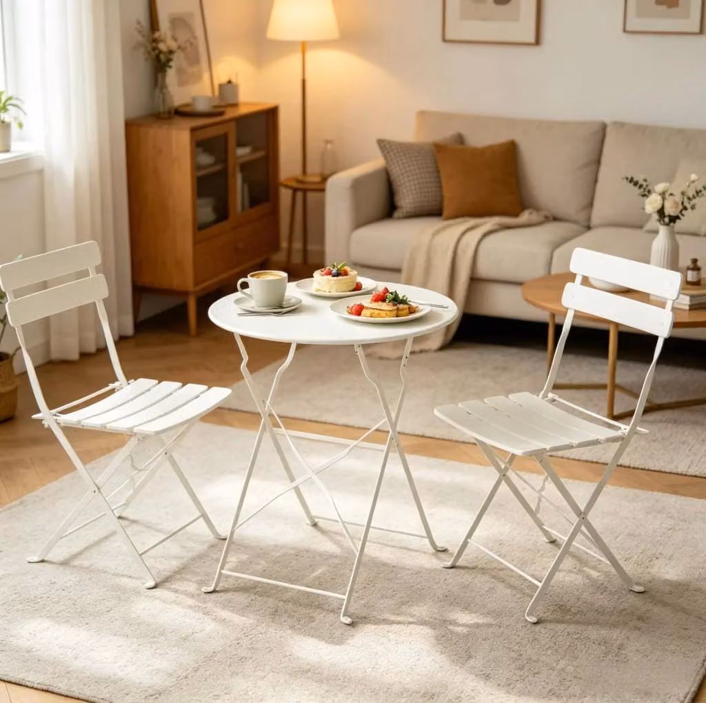Set da bistrot da giardino pieghevole MODFU in metallo beige per balcone e terrazzo – 2