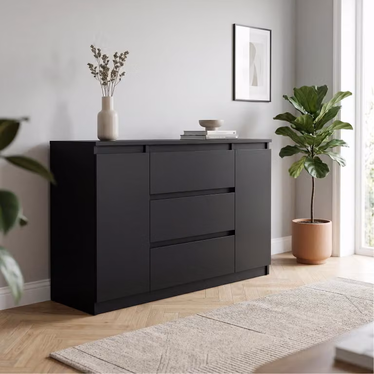 Comodà Masseno NUDO da 120 cm con 3 cassetti e 2 ante, per soggiorno o camera da letto, stile moderno, 120x39x78,5 cm, nero / nero