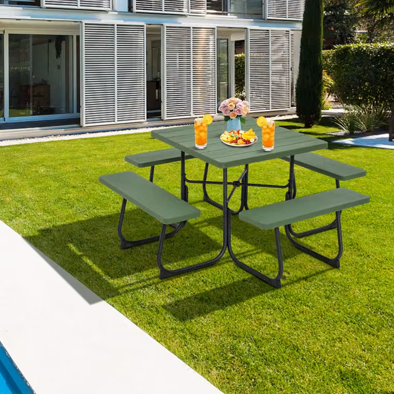 Set tavolo da picnic quadrato Costway per 8 persone con foro per ombrellone, verde