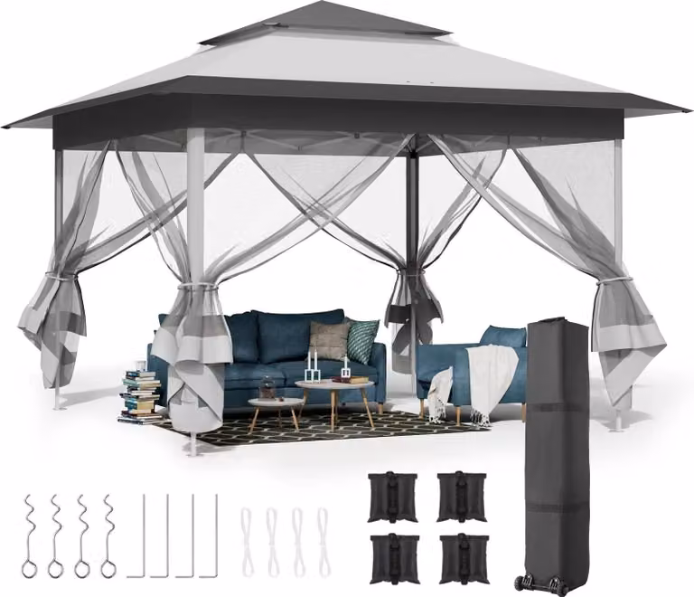 Gazebo da giardino - Gazebo pieghevole pop up - 3,3×3,3 m - Impermeabile inPoliuretanoOxford - Struttura in acciaio - 4 lati con zanzariera - Doppio tetto - Altezza regolabile - Grigio chiaro
