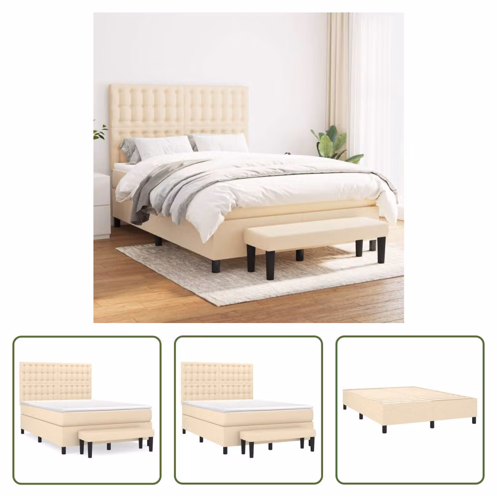 The Living Store Letto a molle con materasso crema 140x190 cm in tessuto