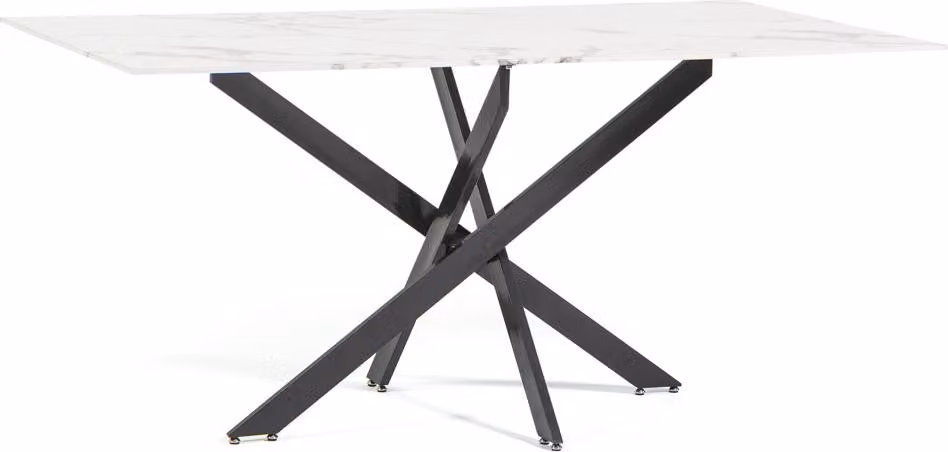 Tavolo rettangolare con piano in vetro temperato effetto marmo e struttura in metallo incrociato - design moderno, elegante e robusto per cucina, sala da pranzo, soggiorno e ufficio - MORGAN - marmo bianco/grigio scuro