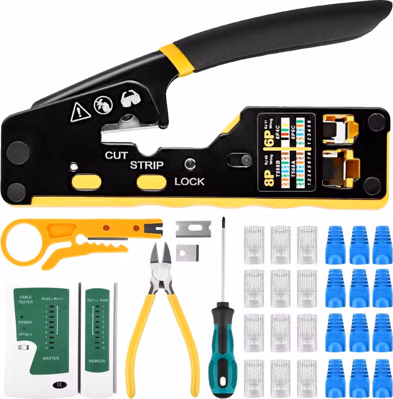 Utensile per crimpatura RJ45, tecnologia a passaggio, set multifunzionale, nero