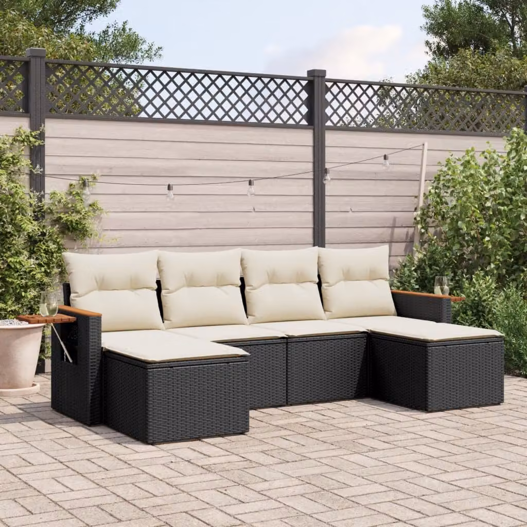 vidaXL Set Divano da Giardino a L 6 pz in Polyrattan Nero con Cuscini e Tavolino da Esterno – 1