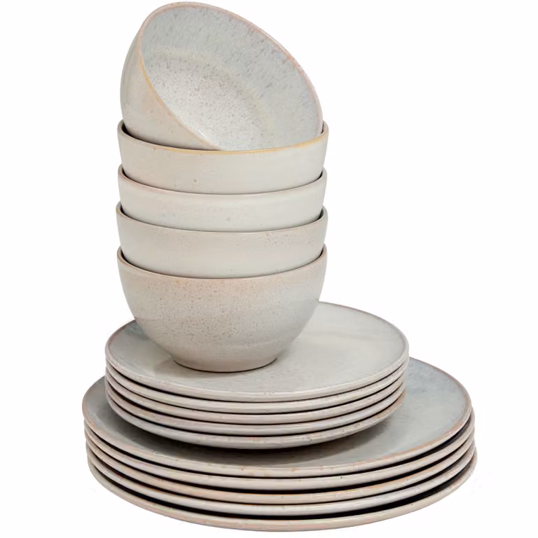 Set di stoviglie in ceramica e grès tectake per 6 persone, colori sabbia, blu e beige
