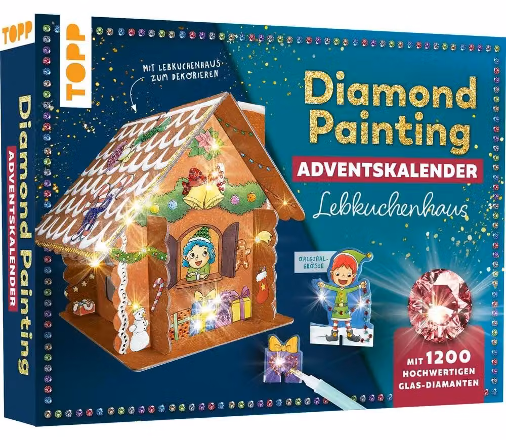 Calendario dell'Avvento Diamond Painting: casetta di pan di zenzero. Con materiali e strumenti