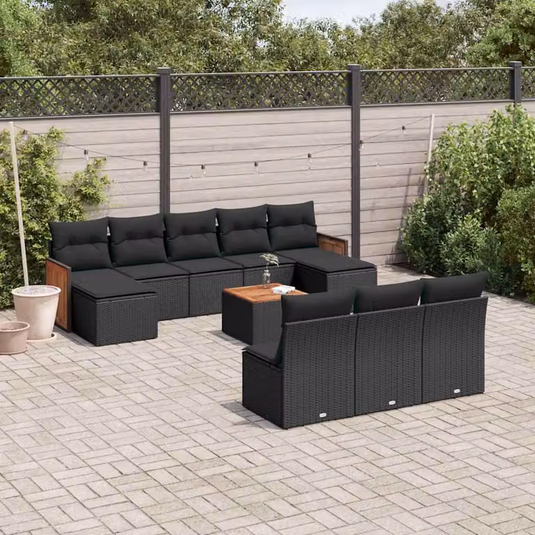 Set di Divani da Giardino vidaXL 11 pz in Polyrattan Nero con Cuscini e Tavolino da Caffè
