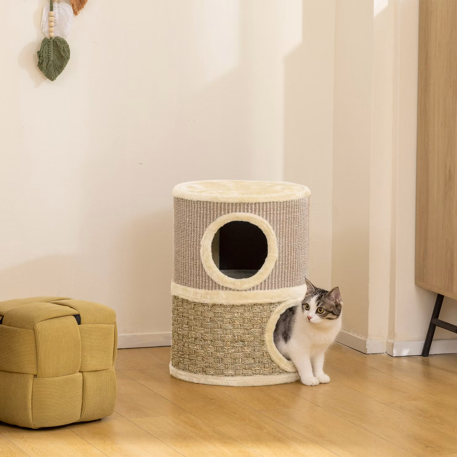PawHut Cuccia per Gatti Tiragraffi a Torre con 2 Nicchie, Corda in Sisal e Bordo in Peluche, Colore Cachi e Beige – 2