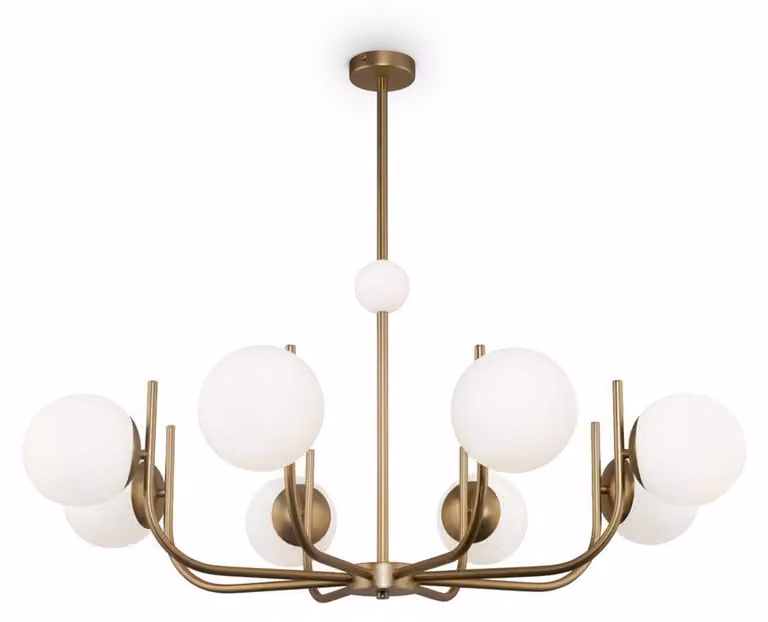 Lampadario Contemporaneo Rendez-Vous Metallo Ottone 8 Luci E Diffusori Bianchi