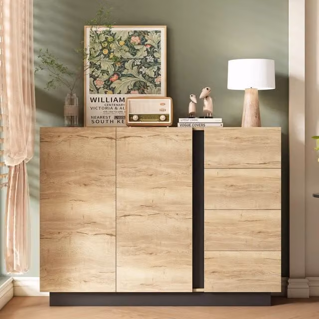 Credenza moderna con quattro cassetti e due ante in MDF per soggiorno e sala da pranzo, disponibile in nero o marrone, L 120 x P 35,5 x H 90,5 cm