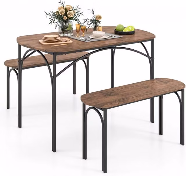 Set da pranzo composto da tavolo rettangolare e 2 panche in stile industrial, con piano in legno marrone e struttura in metallo nero, ideale per 4 persone, L: 120 cm – 1
