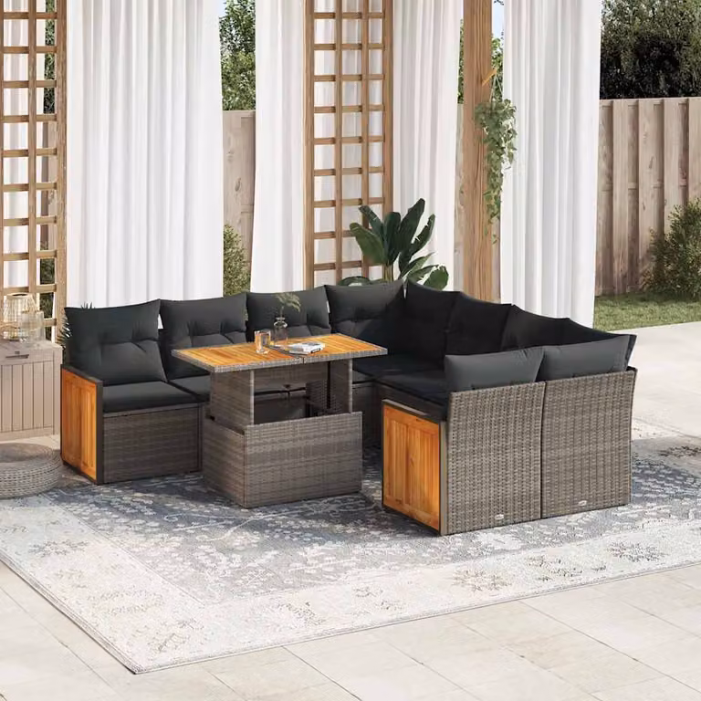 Set Divano da Giardino vidaXL 9 Pezzi a Forma di U in Polyrattan e Legno di Acacia con Cuscini Grigio