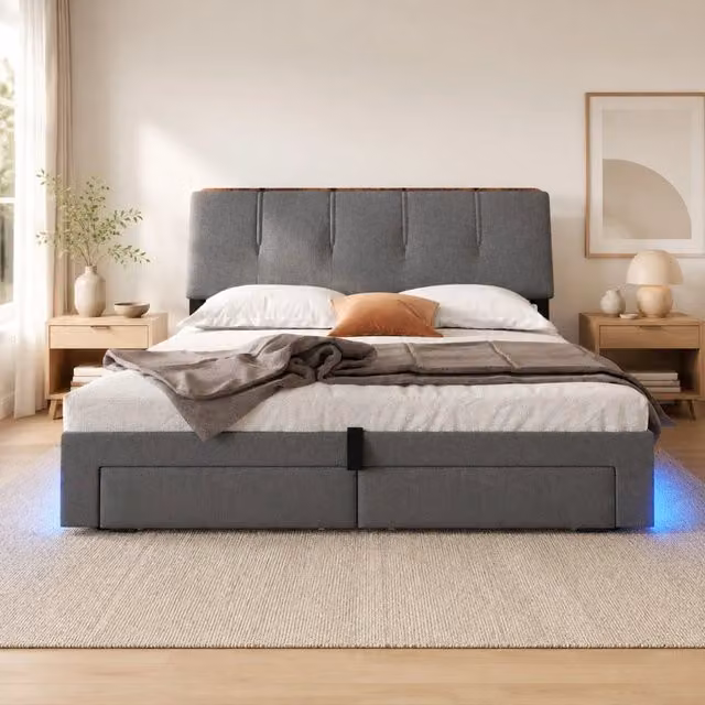 Letto imbottito 140x200 cm con contenitore idraulico, ricarica USB Tipo-C, illuminazione LED e testata in lino grigio, senza materasso