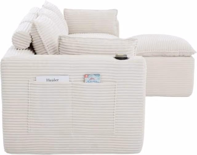 Divano modulare 3 posti in tessuto beige a coste con pouf, cuscini, portabicchieri e tasche laterali