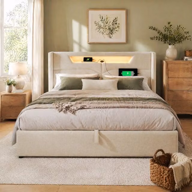 Letto matrimoniale contenitore ULEVR 160x200 cm con LED, USB e Type-C, rivestimento in lino beige