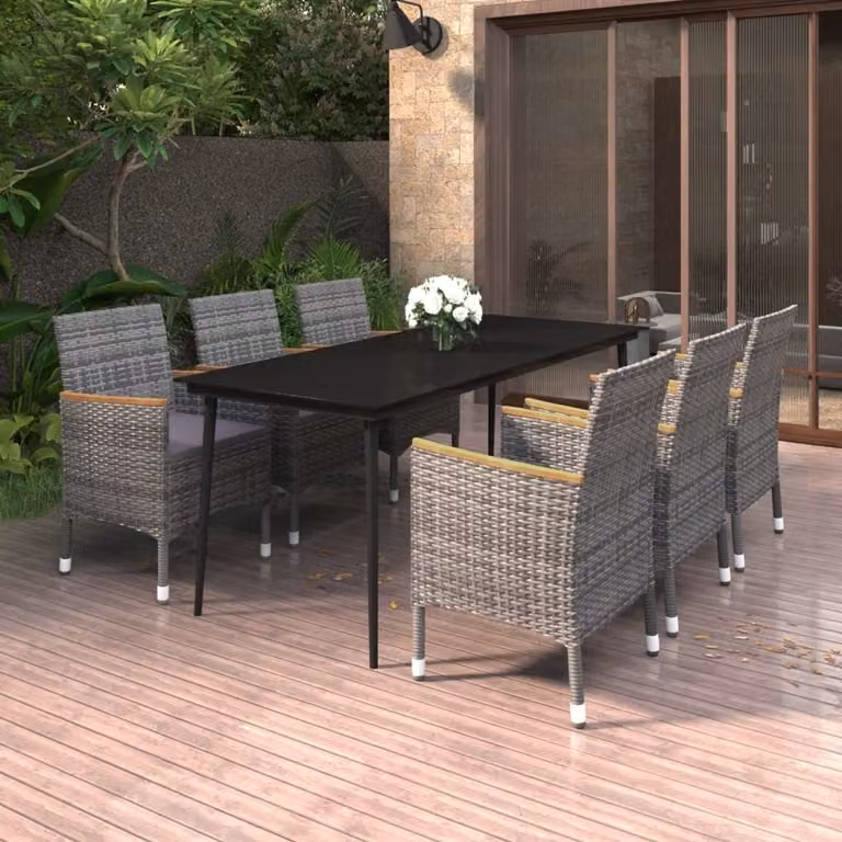 The Living Store Set da pranzo da giardino 7 pezzi con cuscini in poly rattan e vetro