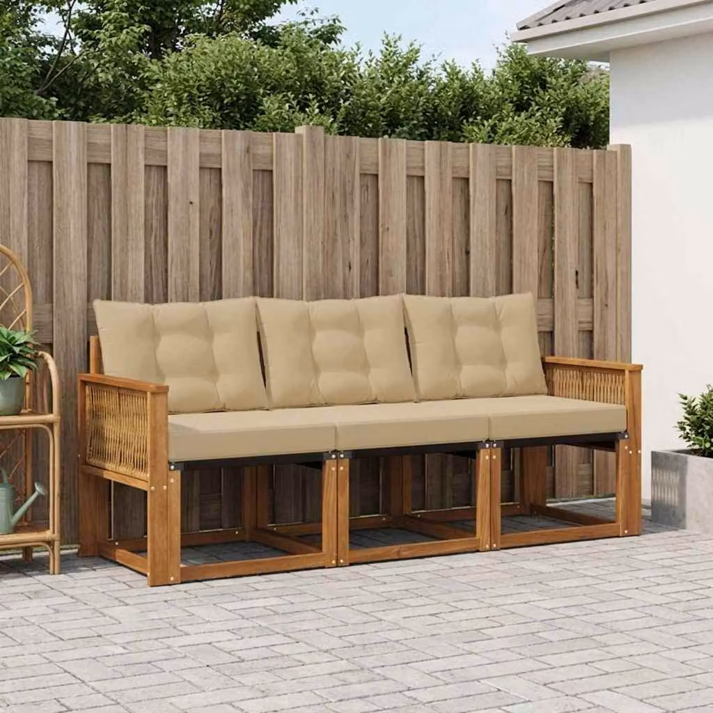 Set di divani da esterno vidaXL in legno di acacia e textilene, colore beige, 3 pezzi con cuscini inclusi