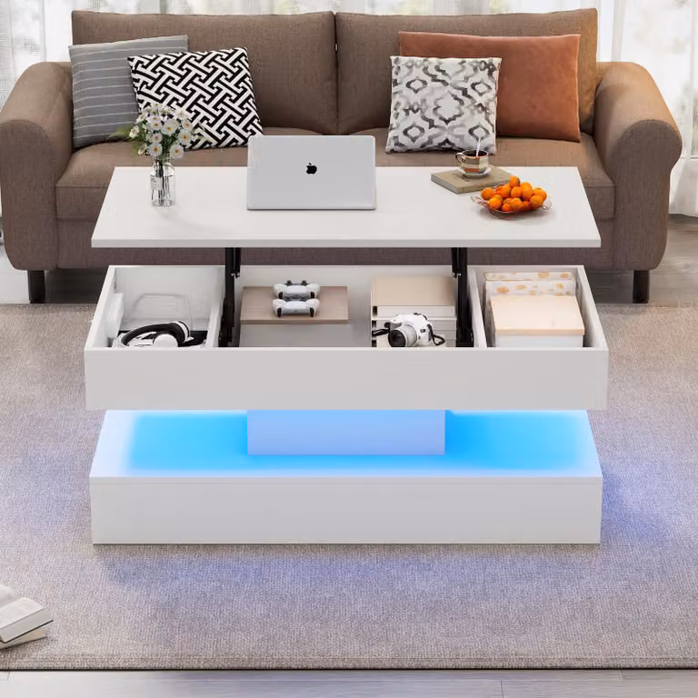 Tavolino da caffè, dimensioni 100 x 50 x 42 cm, realizzato in pannello di particelle di legno al 100%, colore bianco, tavolino con altezza regolabile, illuminazione a LED e spazio contenitivo nascosto