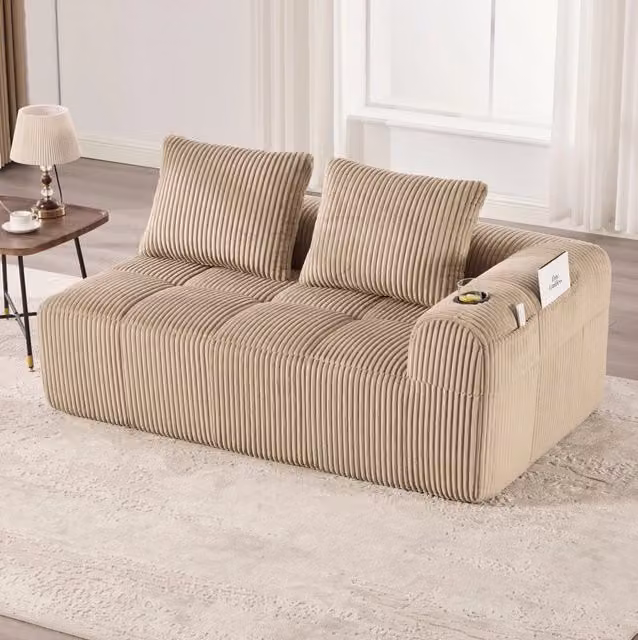 Divano 2 posti 158x93x61 cm in corduroy beige chiaro, con tasche laterali e portabicchieri –