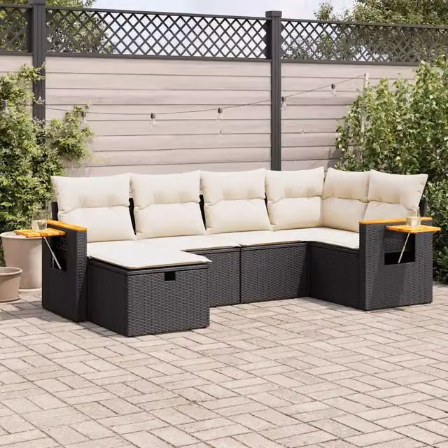 Set Divano da Giardino a L vidaXL in Polyrattan Nero con Cuscini e Ottoman 6 pz