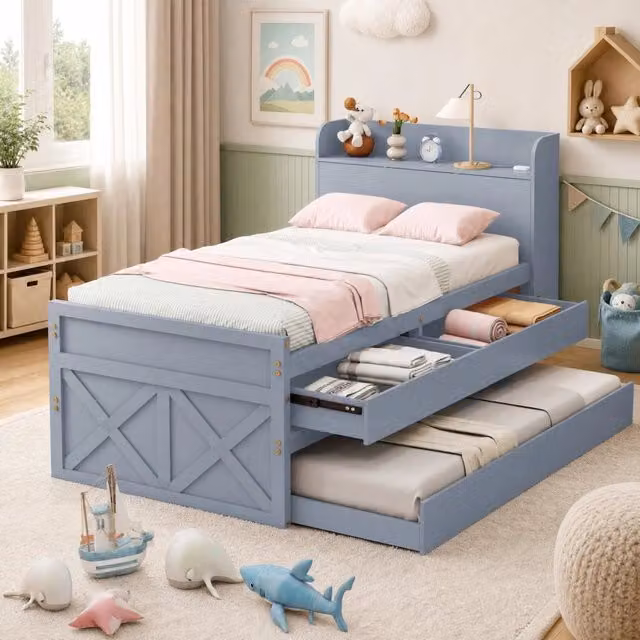 Letto singolo in legno massello 90x190 cm con letto estraibile; 2 cassetti e USB grigio