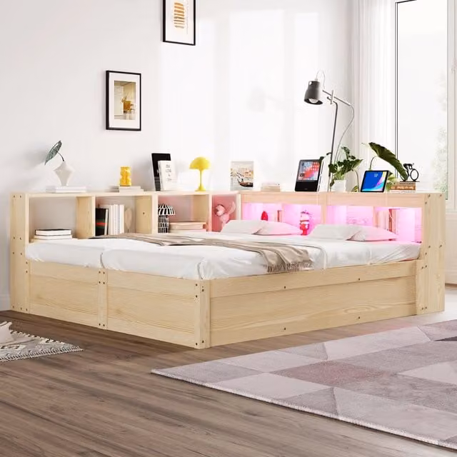 Letto multifunzione 90/180x200 cm con prese integrate; contenitore e LED; colore naturale