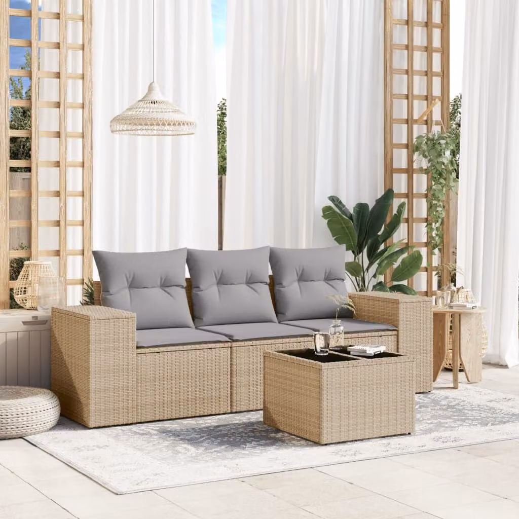Set Divano da Giardino 4 pz vidaXL in Polyrattan con Cuscini Beige e Tavolino da Esterno