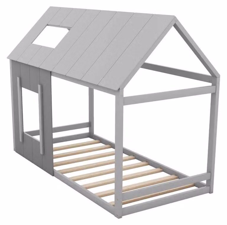 Lettino per bambini, design a forma di casetta, robusto legno di pino, grigio CQY
