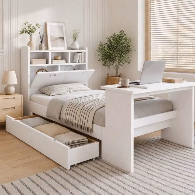 Letto singolo 90 × 200 cm con cassetto, mensole e tavolo pieghevole regolabile, senza materasso, in legno bianco