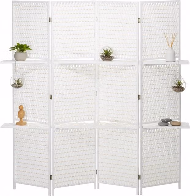 Paravento pieghevole XYLO con 4 pannelli in legno di pino e bambù, 2 ripiani, design geometrico moderno, Bianco, L: 181 cm, H: 180 cm