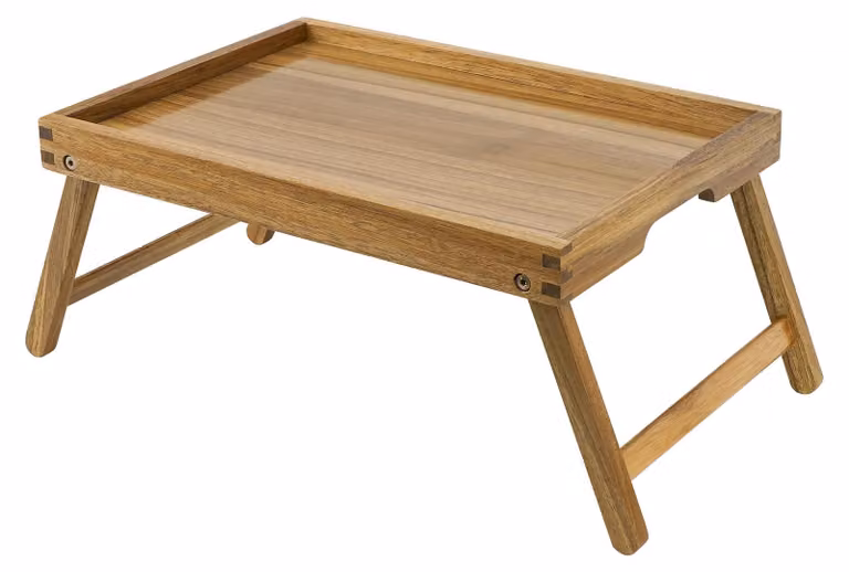Tavolino da letto in legno di acacia con gambe pieghevoli, ideale per la colazione e il laptop