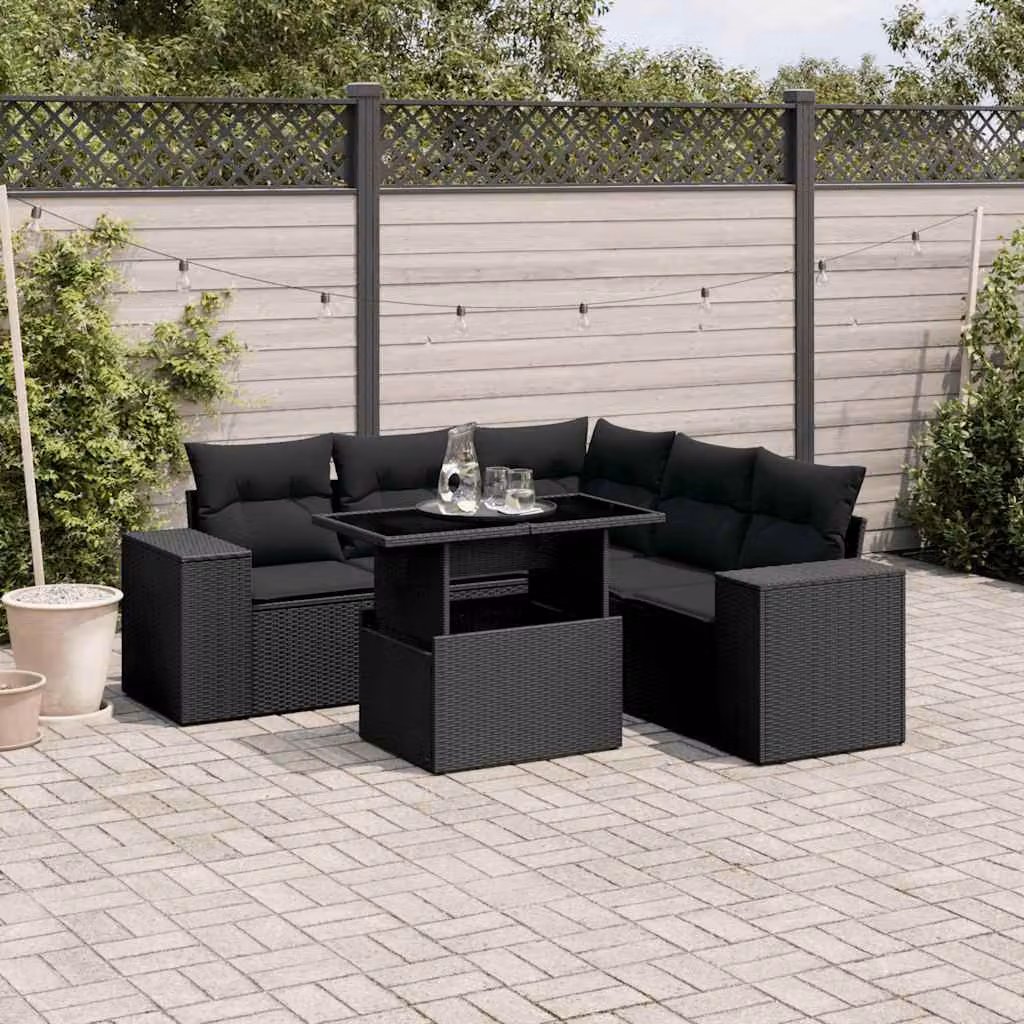 Set Divano da Giardino vidaXL 6 pz in Polyrattan Nero con Cuscini e Tavolino da Esterno a Forma di L – 1